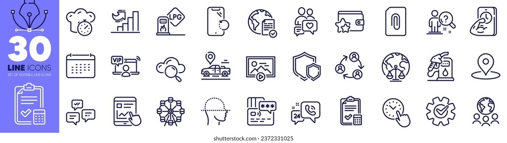 Fitness, Cloud computing and Smartphone recovery line icons pack. Shields, Attachment, Time management web icon. Petrol station, Growth chart, Loyalty program pictogram. Car place. Vector