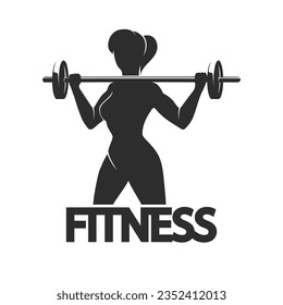 Fitness Club or athletic Emblem with Woman Holds Barbell isolated on white. Vector illustration.