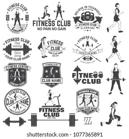 Fitness club badges with design elements. Vector. For fitness centers emblems, gym signs. Girl run on the treadmill machine, girl with battle ropes, workout with barbell and man doing heavy deadlifts