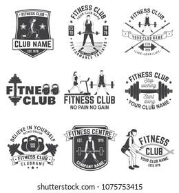 Fitness club badges. Vector. For fitness centers emblems, gym signs and others. Girl run on the treadmill machine, girl with battle ropes, women workout with barbell and man doing heavy deadlifts