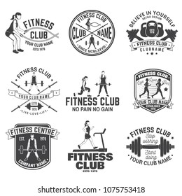 Fitness club badges. Vector. For fitness centers emblems, gym signs and others. Girl run on the treadmill machine, girl with battle ropes, women workout with barbell and man doing heavy deadlifts
