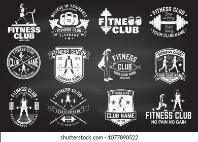 Fitness Club Badges. Vector. For Fitness Centers Emblems, Gym Signs And Others. Girl Run On The Treadmill Machine, Girl With Battle Ropes, Women Workout With Barbell And Man Doing Heavy Deadlifts