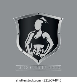 Fitness club banner or poster design with silhouette of athletic woman with dumbbell