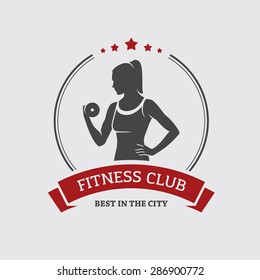 Fitness club banner or poster design with silhouette of athletic woman with dumbbell 