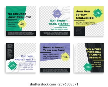 Fitness club banners promoting health, nutrition, and workout challenges designed for community engagement and motivation