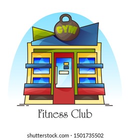 Fitness club building facade, gym front view with kettlebell or cartoon sport club, training center with sports weight, exercise construction for bodybuilding, city or town gymnasium for pilates