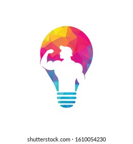 Fitness club bulb shape concept , gym vector logo template. Fitness or Gym club emblem with posing athletic man.