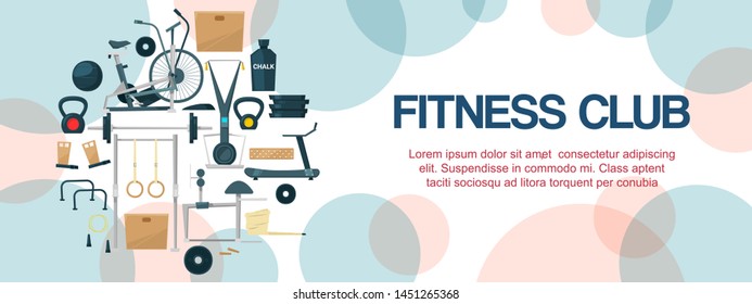 Fitness club or center banner vector illustration. Gym with crossfit, weights equipment and bike. Various fitness machines for body workout and exercises. Active and healthy lifestyle.