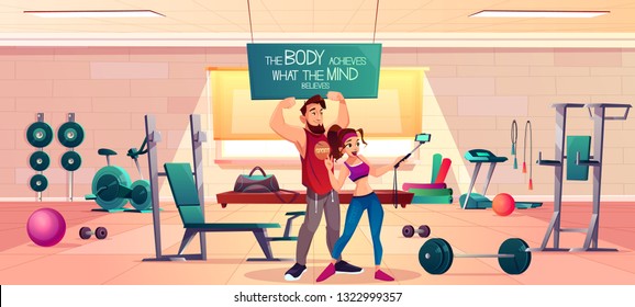 Fitness club clients cartoon vector concept. Young man and woman in sportswear, showing biceps muscles and victory hand sigh on camera, making selfie photo with smartphone in gym interior illustration