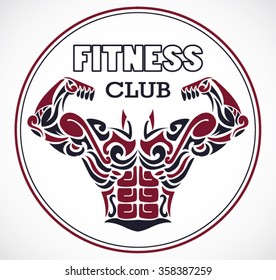 fitness club color logo with stylized ornamental muscular body / vector illustration