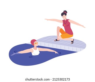 Fitness club composition with characters of swimming instructor and woman floating in pool vector illustration