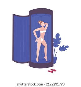 Fitness club composition with isolated image of ultraviolet cabin with female athlete vector illustration