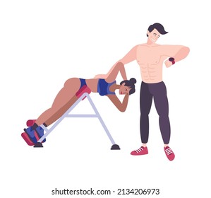 Fitness club composition with male athlete helping fellow woman to practice vector illustration