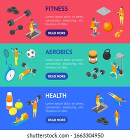 Pancarta horizontal Juego 3d Vista isométrica Inclusión de Escala, Comida, Ejercicio Cardio, Dumbbell y Treadmill. Ilustración del vector