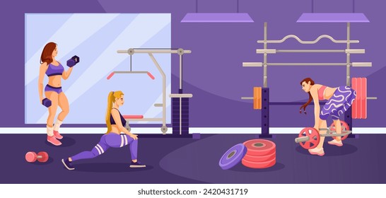 Fitness club concept with gym space. Women traning body. Wellness lifestyle. Workout activity interior. Young girl doing exercise with gym equipment. Athletic woman with barbell. Vector illustration