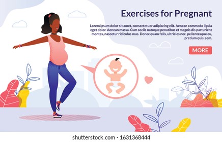 Fitness Club, Courses for Pregnant Trendy Flat Vector Web Banner, Landing Page Template. Pregnant African-American Woman, Future Mother Doing Exercises Outdoors, Leading Active Life Illustration