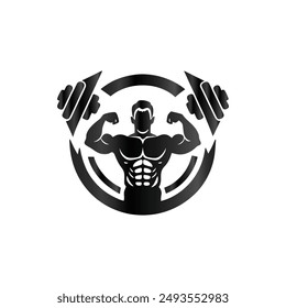 Fitness club design template. Dumbbells and headphones. Vector illustration.