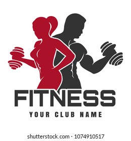 Diseño de emblema o logotipo del Fitness Club. Entrena siluetas de hombre y mujer con doblez.Ilustración vectorial.