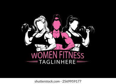 Fitness club emblem with muscled woman silhouettes. Three woman front pose. illustration	