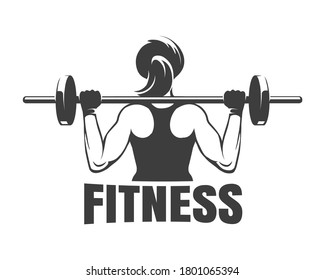 Fitness Club emblem. Training Woman with barbell. Vector illustration.