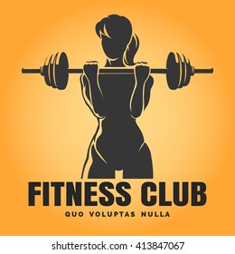 Fitness Club emblem. Training Woman with barbell and text sample. Free font used.