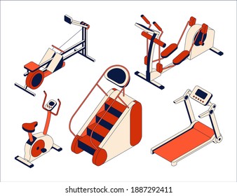 Fitness club equipment collection. Isometric set of training apparatus. Vector illustration