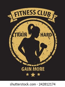 Fitness Club grunge emblem with athletic girl vector illustration, eps10, easy to edit