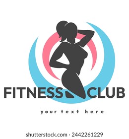 Fitness club gym athletic center logo or emblem. Strong woman posing silhouette vector illustration isolated on white background. No Ai was used.