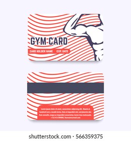 fitness club, gym card design with strong athlete flexing biceps