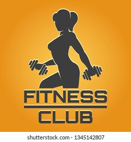 Fitness club or gym design template. Silhouette of athletic woman with dumbbells. Vector illustration.