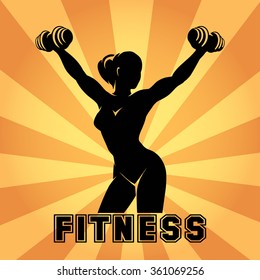 Fitness club and gym emblem or poster design. Silhouette of athletic woman with dumbbells. Free font used.