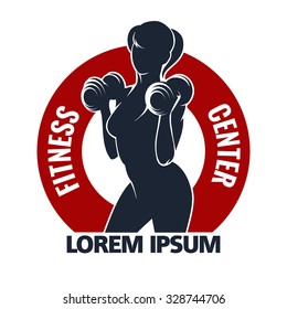 Fitness Club or Gym emblem with training muscled woman. Woman holds dumbbells. Only free font used. Isolated on white background.