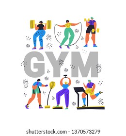 Fitness club, gym flat color word concept banner.. Tiny people in sportswear working out cartoon characters. Athletics, training exercises hand drawn vector illustration. Sport poster design