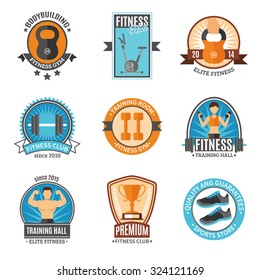 Fitness Club And Gym Hall Bodybuilding Elite Sports Store Color Flat Style Badges Set Isolated Vector Illustration