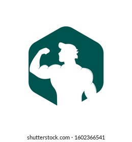 Fitness club, gym vector logo template. Fitness or Gym club emblem with posing athletic man.