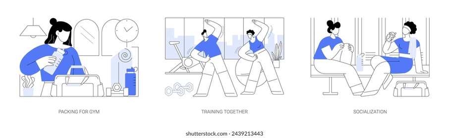 Conjunto de ilustraciones de vector de dibujos animados aislados. Embalaje para el gimnasio, entrenamiento juntos, socialización, vestuario de gimnasio, entrenamiento de fitness con un amigo, caricatura vectorial de entrenamiento de culturismo.