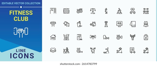 Fitness Club linear icon collection. Contains such icons as athletic, fitness, sport, equipment, exercise, healthy and more. Gym related icon set. Outline icons in linear style. Editable vector art.
