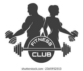 Fitness Club LOGO or Emblem with Bodybuilders and Barbell isolated on white. Vector illustration.