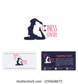 Fitness club logo or emblem with woman  silhouette , icon, business card design template  on white background. Vector  illustration for design.  