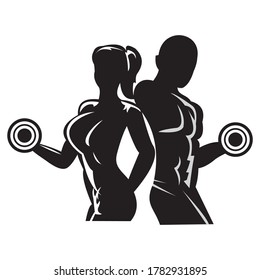 Fitness club logo or emblem with woman and man silhouettes. Woman and Man holds dumbbells