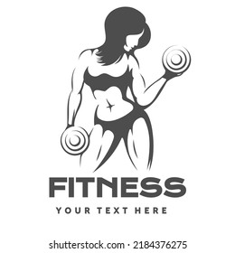 Fitness club logo or emblem with woman silhouette. Woman holds dumbbells. Vector illustration Isolated on white background.