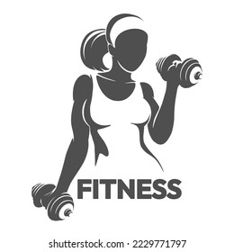 Fitness club logo or emblem with woman silhouette. Woman holds dumbbells. Vector illustration Isolated on white background.