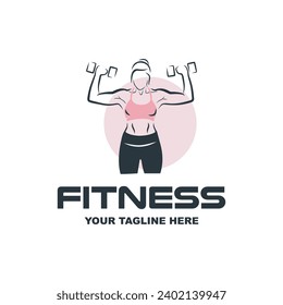 Fitness club logo or emblem with woman silhouette. Woman holds dumbbells. Vector illustration, suitable for your design need, logo, illustration.