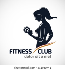 Fitness club logo or emblem with woman silhouettes. Woman holds dumbbells. Isolated on white background.