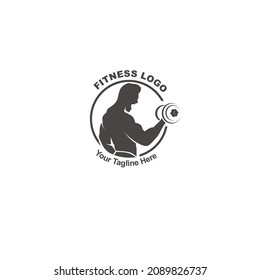 Fitness club logo with exercising athletic man on white. Vintage Fitness body building logo design. vector illustration