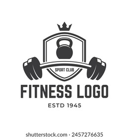 Fitness club logo with kettlebell on white, vector illustration template