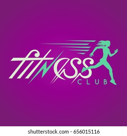 Fitness club logo lettering with running at high speed woman. Sport, exercise, healthy life style. Female athlete on the marathon. Useful to design banners, backgrounds, posters and print t-shirt.