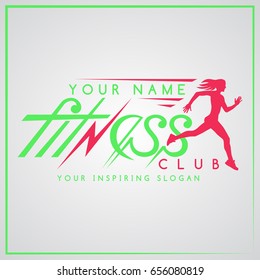 Fitness club logo lettering with running at high speed woman. Sport, exercise, healthy life style. Female athlete on the marathon. Useful to design banners, backgrounds, posters and print t-shirt.