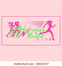 Fitness club logo lettering with running at high speed woman. Sport, exercise, healthy life style. Female athlete on the marathon. Useful to design banners, backgrounds, posters and print t-shirt.