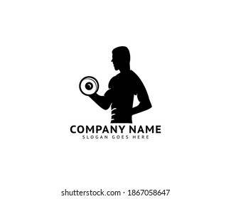 Fitness club logo with man silhouette, Man holds dumbbell